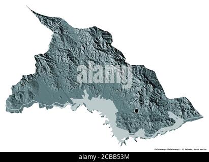 Shape of Chalatenango, department of El Salvador, with its capital isolated on white background. Colored elevation map. 3D rendering Stock Photo