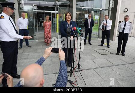 Caroline Donohoe, the widow of Adrian Donohoe, speaks to the media outside the Criminal Courts of Justice, Dublin, where the jury agreed 11-1 in favour of the guilty verdict after 22 hours of deliberation in the Aaron Brady trial for the capital murder of Detective Garda Adrian Donohoe, who was shot dead during a robbery at Lordship Credit Union near Dundalk in January 2013. Stock Photo