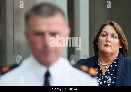 Caroline Donohoe, the widow of Adrian Donohoe, outside the Criminal Courts of Justice, Dublin, where the jury agreed 11-1 in favour of the guilty verdict after 22 hours of deliberation in the Aaron Brady trial for the capital murder of Detective Garda Adrian Donohoe, who was shot dead during a robbery at Lordship Credit Union near Dundalk in January 2013. Stock Photo