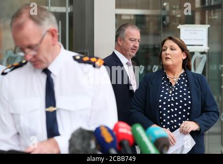 Caroline Donohoe, the widow of Adrian Donohoe, outside the Criminal Courts of Justice, Dublin, where the jury agreed 11-1 in favour of the guilty verdict after 22 hours of deliberation in the Aaron Brady trial for the capital murder of Detective Garda Adrian Donohoe, who was shot dead during a robbery at Lordship Credit Union near Dundalk in January 2013. Stock Photo