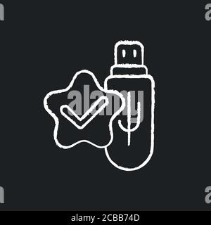 Usb connection check chalk white icon on black background. Portable flash memory. Data transfer completed. Download information. Disk confirmation. Is Stock Vector