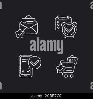 Service quality marks chalk white icons set on black background. Reminder and organizer notification. Email check. Online shopping cart with checkmark Stock Vector