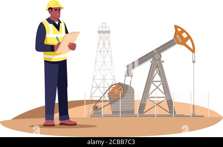 Oil extraction engineering semi flat RGB color vector illustration. Oil rig operator. Petroleum production. Gas industry male worker isolated cartoon Stock Vector