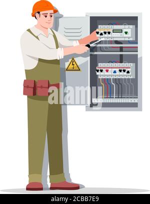 Electrician semi flat RGB color vector illustration. Technician in hardhat repairs electricity. Electrical engineer service. Man near distribution boa Stock Vector