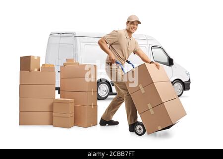 White delivery van and a male worker loading boxes isolated on white background Stock Photo