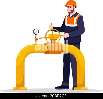 Pipeline repair semi flat RGB color vector illustration. Gasman working. Fuel production and transportation. Gas industry male worker isolated cartoon Stock Vector