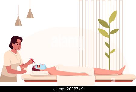 Spa treatment semi flat RGB color vector illustration. Woman applying face mask. Skin care, dermatology therapy. Hotel resort employee and customer is Stock Vector