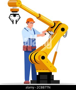 Robotics expert semi flat RGB color vector illustration. Industrial maintenance. Factory automated machine repair. Manufactory male worker in hard hat Stock Vector