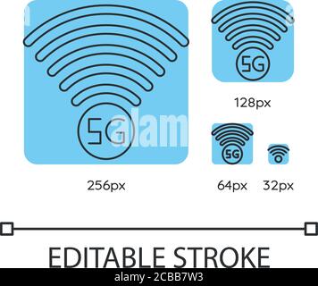5G signal indicator blue linear icons set. Internet connection quality. Wireless technology. Thin line customizable 256, 128, 64 and 32 px vector illu Stock Vector