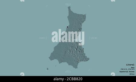 Area of Litoral, province of Equatorial Guinea, isolated on a solid background in a georeferenced bounding box. Labels. Colored elevation map. 3D rend Stock Photo