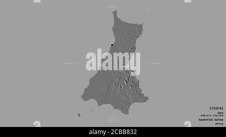 Area of Litoral, province of Equatorial Guinea, isolated on a solid background in a georeferenced bounding box. Labels. Bilevel elevation map. 3D rend Stock Photo