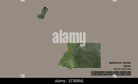 Desaturated shape of Equatorial Guinea with its capital, main regional division and the separated Litoral area. Labels. Satellite imagery. 3D renderin Stock Photo