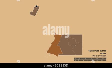 Desaturated shape of Equatorial Guinea with its capital, main regional division and the separated Litoral area. Labels. Composition of patterned textu Stock Photo