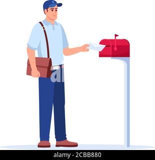 Postman delivering mail semi flat RGB color vector illustration. Mailman putting envelope in mailbox. Postal service male worker isolated cartoon char Stock Vector