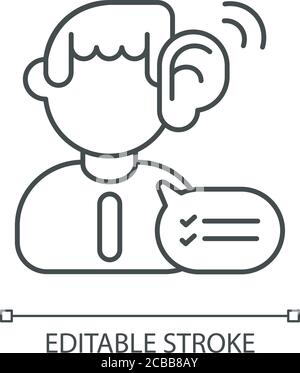Listening skills linear icon. Communication abilities, consultation service. Professional skills thin line customizable illustration. Contour symbol. Stock Vector