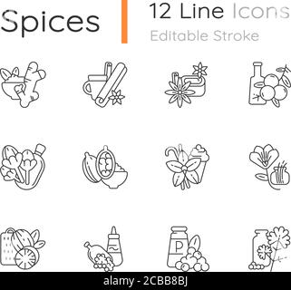 Classic spices linear icons set. Food seasoning. Cinnamon and vanilla. Mustard seeds and black pepper. Customizable thin line contour symbols. Isolate Stock Vector