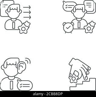 Professional skills development linear icons set. Organization, listening, coaching, brevity and clarity. Customizable thin line contour symbols. Isol Stock Vector