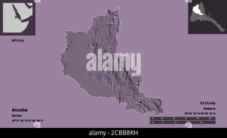 Shape of Anseba, region of Eritrea, and its capital. Distance scale, previews and labels. Colored elevation map. 3D rendering Stock Photo