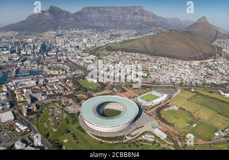 Aerial photo of Cape Town Stadium and CBD with Table Mountain in the background. Stock Photo