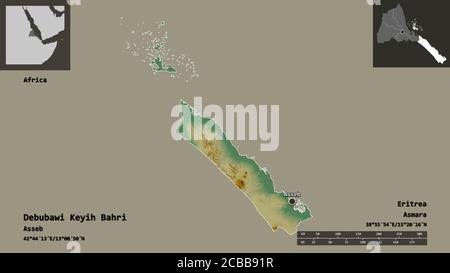 Shape of Debubawi Keyih Bahri, region of Eritrea, and its capital. Distance scale, previews and labels. Topographic relief map. 3D rendering Stock Photo