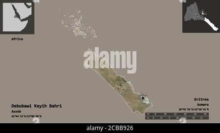 Shape of Debubawi Keyih Bahri, region of Eritrea, and its capital. Distance scale, previews and labels. Satellite imagery. 3D rendering Stock Photo