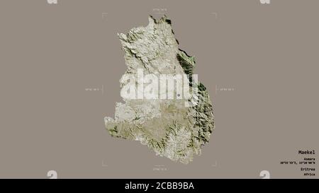 Area of Maekel, region of Eritrea, isolated on a solid background in a georeferenced bounding box. Labels. Satellite imagery. 3D rendering Stock Photo