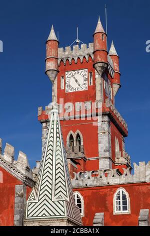 Clock Tower of Pena Palace in Sintra, Portugal. Stock Photo