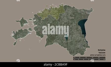 Desaturated shape of Estonia with its capital, main regional division and the separated Harju area. Labels. Satellite imagery. 3D rendering Stock Photo