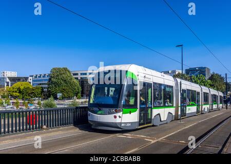 Alstom Citadis electric tram 'Tramway de Nantes' operated by Semitan in Nantes, Loire-Atlantique, France. Stock Photo