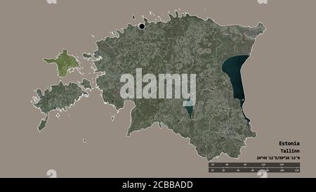 Desaturated shape of Estonia with its capital, main regional division and the separated Hiiu area. Labels. Satellite imagery. 3D rendering Stock Photo