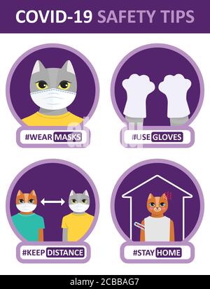 COVID-19 safety tips illustrated by cute cartoon cat. Flat vector icons: wear a mask, use gloves, keep distance, stay home. Funny instruction for kids Stock Vector