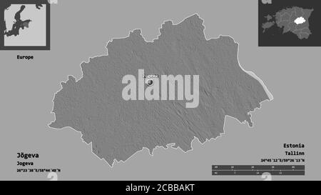 Shape of Jõgeva, county of Estonia, and its capital. Distance scale, previews and labels. Bilevel elevation map. 3D rendering Stock Photo