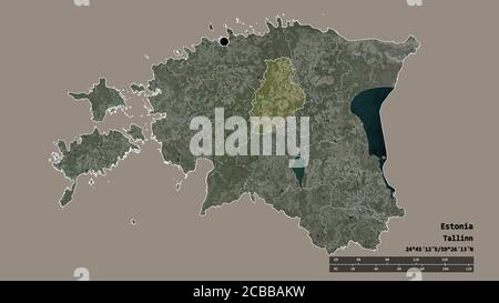 Desaturated shape of Estonia with its capital, main regional division and the separated Järva area. Labels. Satellite imagery. 3D rendering Stock Photo