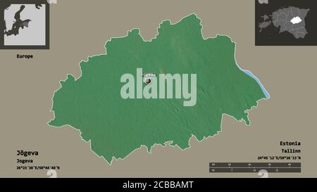 Shape of Jõgeva, county of Estonia, and its capital. Distance scale, previews and labels. Topographic relief map. 3D rendering Stock Photo