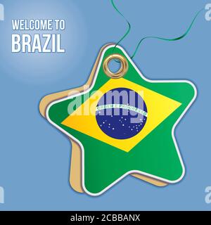 Welcome to Brazil, Flag of Brazil i Travel to the Federative Republic of Brazil. Label price tag in the form of a paper star. Stock Vector