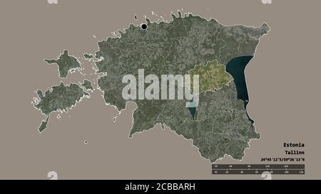 Desaturated shape of Estonia with its capital, main regional division and the separated Jõgeva area. Labels. Satellite imagery. 3D rendering Stock Photo