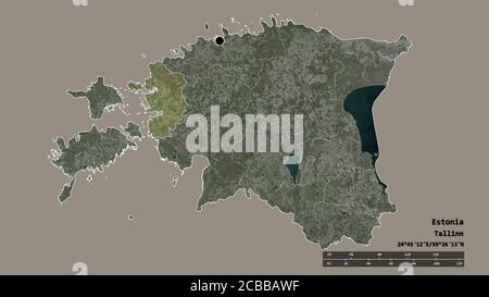 Desaturated shape of Estonia with its capital, main regional division and the separated Lääne area. Labels. Satellite imagery. 3D rendering Stock Photo