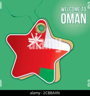 Welcome to Oman. Flag of Oman, Travel to the Sultanate of Oman. product emblem. Label price tag in the form of a paper star. Stock Vector