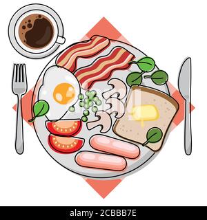 Full English breakfast vector. Plate with egg, bacon, toast, mushrooms, beans, tomatoes, sausages, spinach. Coffee cup, tablecloth, cutlery Stock Vector