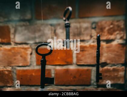 Three old metal keys. Brick wall in the background. Stock Photo