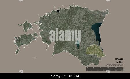 Desaturated shape of Estonia with its capital, main regional division and the separated Põlva area. Labels. Satellite imagery. 3D rendering Stock Photo