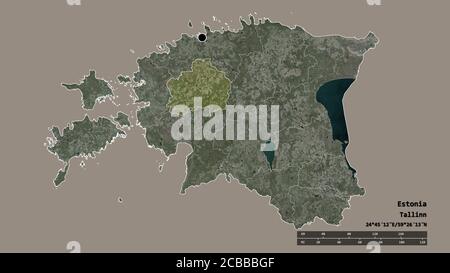 Desaturated shape of Estonia with its capital, main regional division and the separated Rapla area. Labels. Satellite imagery. 3D rendering Stock Photo