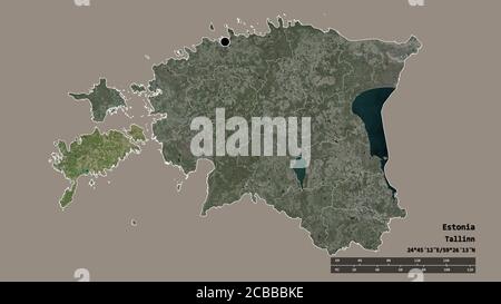 Desaturated shape of Estonia with its capital, main regional division and the separated Saare area. Labels. Satellite imagery. 3D rendering Stock Photo