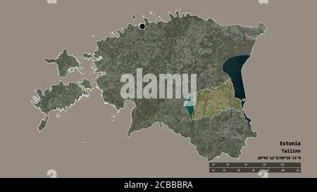 Desaturated shape of Estonia with its capital, main regional division and the separated Tartu area. Labels. Satellite imagery. 3D rendering Stock Photo