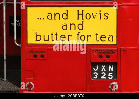 Advertising slogan used in 1954 by British flour and bread company, Hovis Ltd.  Hand-painted sign on the back of a vintage London Transport Routemaster (RT 935) double-decker bus at a Vintage Transport Rally at Woodcote, Oxfordshire, England, in 2013.  The AEC Regent III bus, built in 1949, was retired from service in the early 1960s and bought for preservation in 1971. Stock Photo