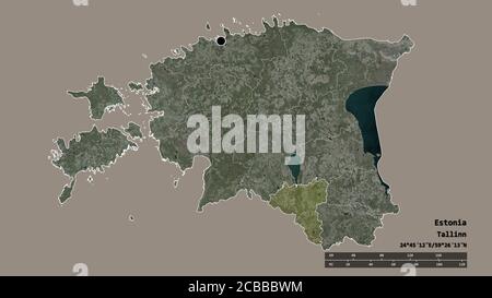 Desaturated shape of Estonia with its capital, main regional division and the separated Valga area. Labels. Satellite imagery. 3D rendering Stock Photo