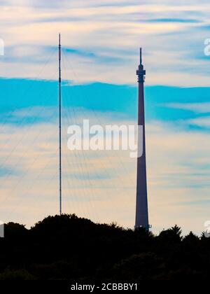 Emley Moor transmitting station on the right with a temporary mast on the left. West Yorkshire, UK Stock Photo