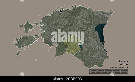 Desaturated shape of Estonia with its capital, main regional division and the separated Viljandi area. Labels. Satellite imagery. 3D rendering Stock Photo