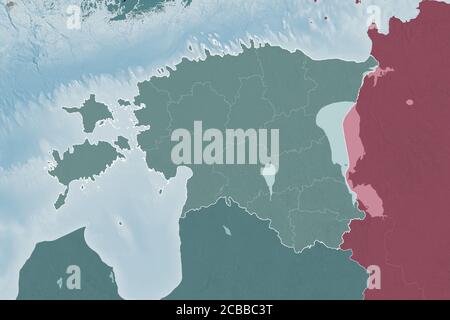 Extended area of Estonia with country outline, international and regional borders. Colored elevation map. 3D rendering Stock Photo