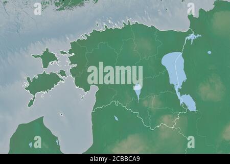 Extended area of Estonia with country outline, international and regional borders. Topographic relief map. 3D rendering Stock Photo